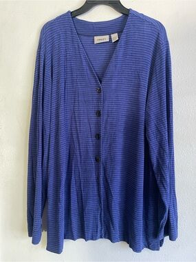 Chico's Blue Ribbed Knit Top with Black Stripe Detail
